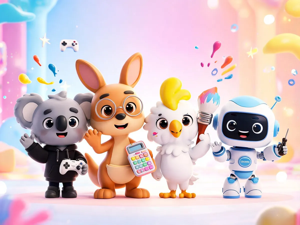 Illustrated SlotOnline Studio team mascots: game designer, mathematician, artist and engineer