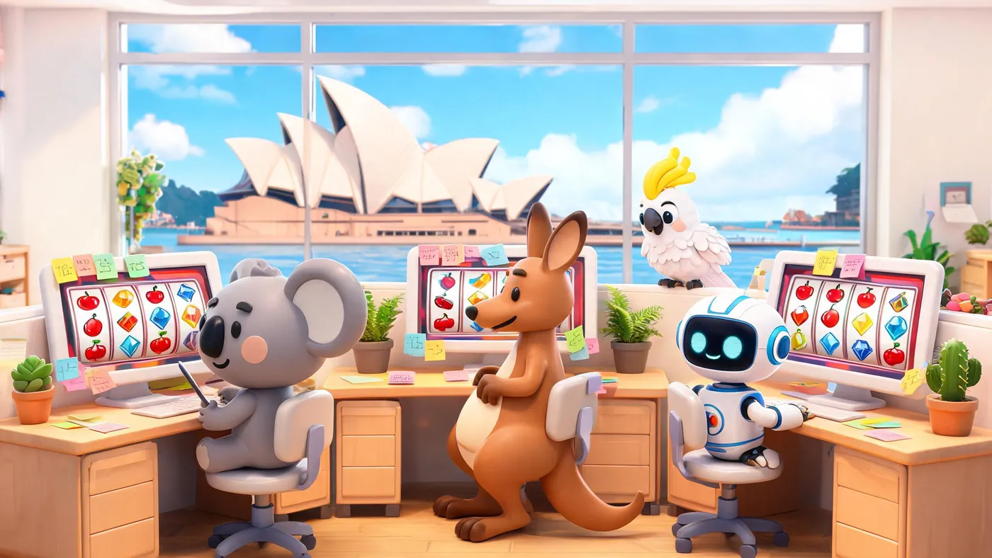 Illustration of the SlotOnline Studio team designing slot online games in our Sydney studio
